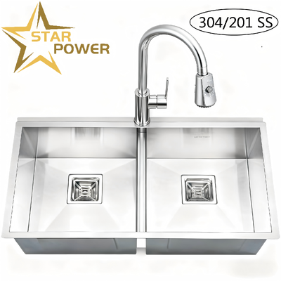 qualité  STAR POWER Brushed 304 Stainless Steel Handmade Kitchen Sink with Double-Bowl Design and Pull-Out Faucet usine