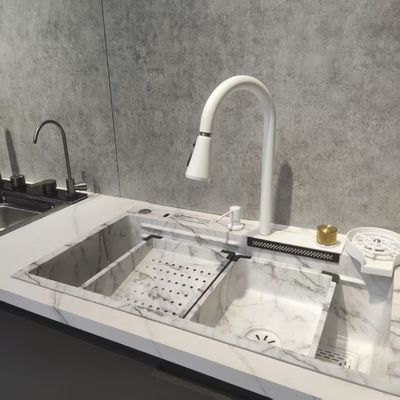 Bon prix Évier de cuisine à montage sur le dessus/encastrable Évier de cuisine multifonctionnel blanc à double cuve à montage sur le dessus en acier inoxydable | Jauge d'acier personnalisée disponible | Profondeur de bassin personnalisée disponible | Antirouille et résistant à la corrosion en ligne