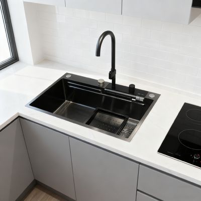 Bon prix Ensemble d'évier de cuisine en acier inoxydable à double cuve de 800 mm avec robinet à arc élevé et garantie d'un an pour cuisines modernes | Profondeur de cuve personnalisable | Jauge d'acier personnalisable en ligne