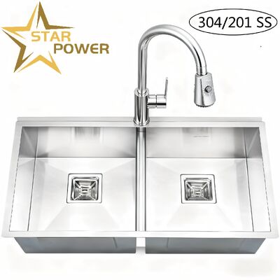 STAR POWER évier de cuisine artisanale en acier inoxydable 304 brossé avec conception double-bowl et robinet rétractable