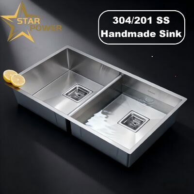 STAR POWER évier de cuisine artisanale en acier inoxydable 304 brossé avec conception double-bowl et robinet rétractable