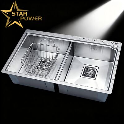 STAR POWER Premium 304 en acier inoxydable évier double cuve avec robinet à tirer pour un flux de travail de cuisine efficace
