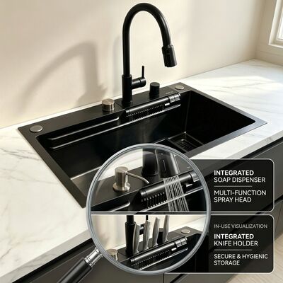 qualité Évier de cuisine à encastrer en acier inoxydable 304, évier de cuisine à cuve unique, évier à encastrer brossé de 600 mm, cuve profonde de 9 pouces | Profondeur de cuve personnalisable disponible | Jauge d'acier personnalisable disponible usine