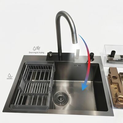qualité Évier de cuisine à encastrer / à montage en applique en acier inoxydable 316, cuve principale et auxiliaire, finition PVD gunmetal, 800 mm, profondeur de cuve de 220 mm | Profondeur de cuve personnalisable disponible | Épaisseur d'acier personnalisable disponible usine
