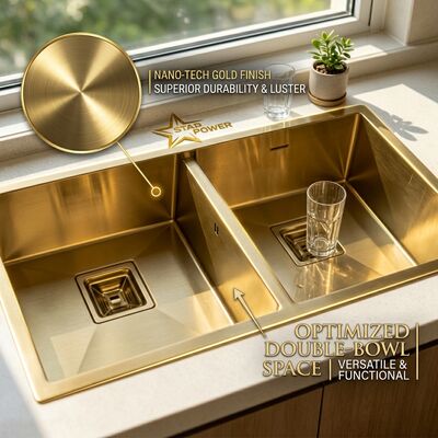 Bon prix Gold-Toned Food-Grade 304 Stainless Steel Main Auxiliary Bowl Kitchen Sink Flush-Mount 900mm 250mm Deep Basin en ligne