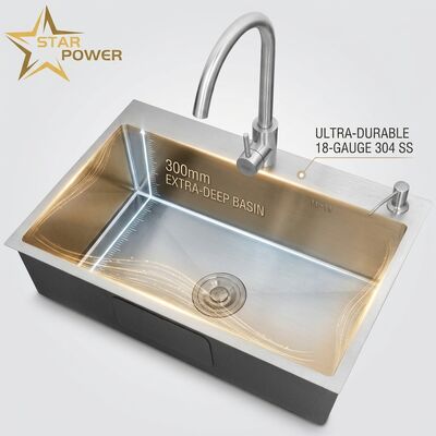 Bon prix Évier de cuisine double cuve en acier inoxydable 304 calibre 18 avec cuve extra-profonde de 300 mm et installation à montage supérieur en ligne