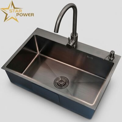 Bon prix Évier de cuisine en acier inoxydable SUS304 avec finition PVD gunmetal et cuve extra-profonde de 10 pouces en ligne