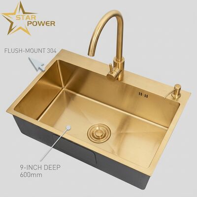 Bon prix Grade alimentaire 304 SS Cuve de cuisine principale et auxiliaire Evier à canon métallique PVD Monture à chasse 900 mm 250 mm Bassin profond en ligne
