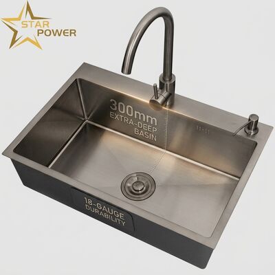 Bon prix Evier de cuisine de 18 pouces 304 SS avec finition PVD métallique et bol principal et auxiliaire extrêmement profond de 300 mm en ligne