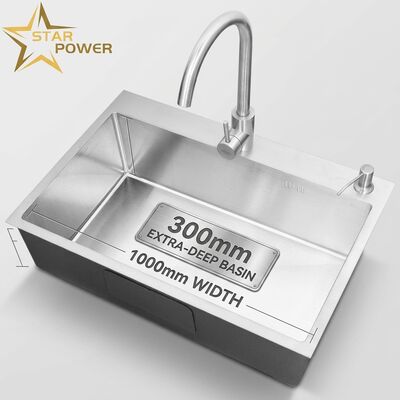 Bon prix Évier de cuisine à cuve unique 18 jauge 304 SS finition brossée montage sous plan 1000 mm cuve extra-profonde 300 mm en ligne