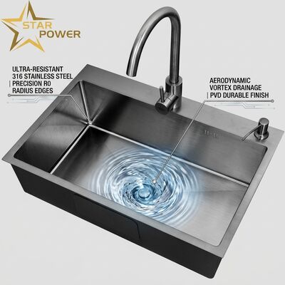 Bon prix Évier de cuisine à encastrer / à montage en applique en acier inoxydable 316, cuve principale et auxiliaire, finition PVD gunmetal, 800 mm, profondeur de cuve de 220 mm | Profondeur de cuve personnalisable disponible | Épaisseur d'acier personnalisable disponible en ligne