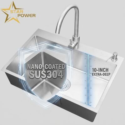 Bon prix Évier de cuisine à encastrer / à poser en acier inoxydable SUS304, évier de cuisine à double cuve égale, nano-revêtement, à poser, 700 mm, cuve extra-profonde de 10 pouces | Profondeur de cuve personnalisable disponible | Jauge d'acier personnalisable disponible en ligne