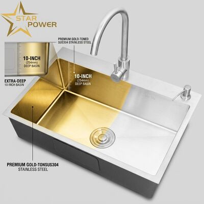 Qualité Flush Mount / Inset Kitchen Sink SUS304 Stainless Steel Main & Auxiliary Bowl Kitchen Sink Gold-Toned Flush-Mount 700mm 10-Inch Extra-Deep Basin | Custom Basin Depth Available | Custom Steel Gauge Available usine