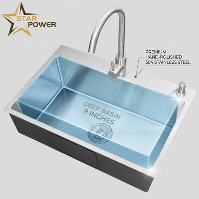 Bon prix Monture supérieure / évier de cuisine en acier inoxydable 304 équivalent double cuvette évier de cuisine en acier poli à la main évier de cuisine en acier poli à 600 mm de profondeur de 9 pouces. Profondeur personnalisée du bassin disponible. en ligne