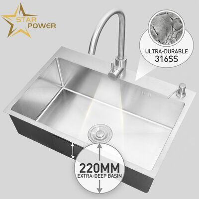 Bon prix Monture supérieure / évier d'évier de cuisine 316 en acier inoxydable double cuvette d'évier de cuisine Surface mate Monture supérieure 800 mm 220 mm Bassin profond. en ligne