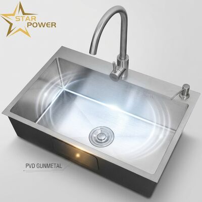 Bon prix Évier de cuisine encastré / à montage en surface, qualité alimentaire, acier inoxydable 304, cuve principale et auxiliaire, finition PVD gunmetal, montage en affleurement, 900 mm, cuve de 250 mm de profondeur | Profondeur de cuve personnalisée disponible | Jauge d'acier personnalisée disponible en ligne