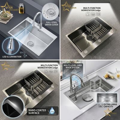 Bon prix Acier inoxydable 304 brossé 18 mesures sous-sol de la cuisine Station de travail Evier, bol unique X rainure Design de vidange rapide en ligne