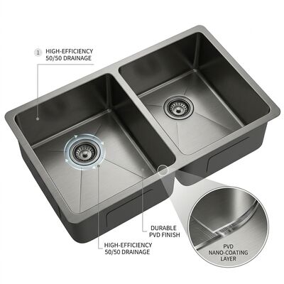 Bon prix PVD Gunmetal 304 en acier inoxydable évier de cuisine sous-monté, double bassin 50/50, coussinets en caoutchouc amortisseur revêtus en ligne